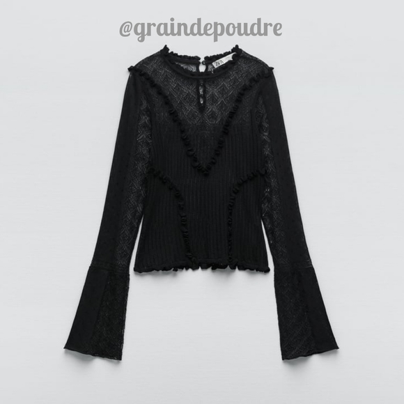 Rare! Zara Limited Edition Black Sheer Pointelle Knit Ruffle Sweater S - Picture 9 of 9